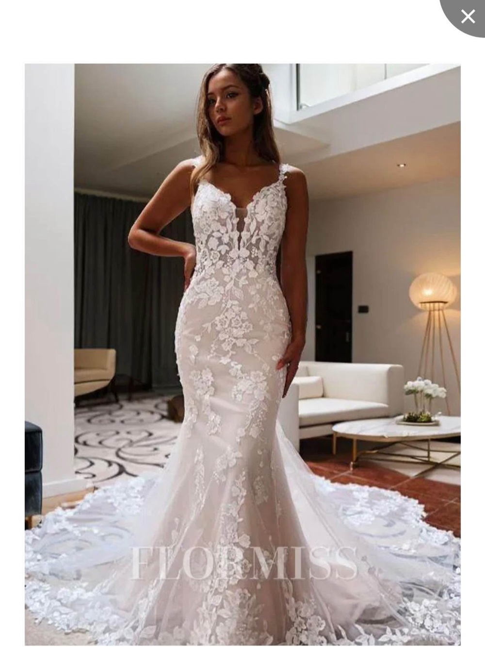Floral Lace Mermaid Wedding Dress in Ivory